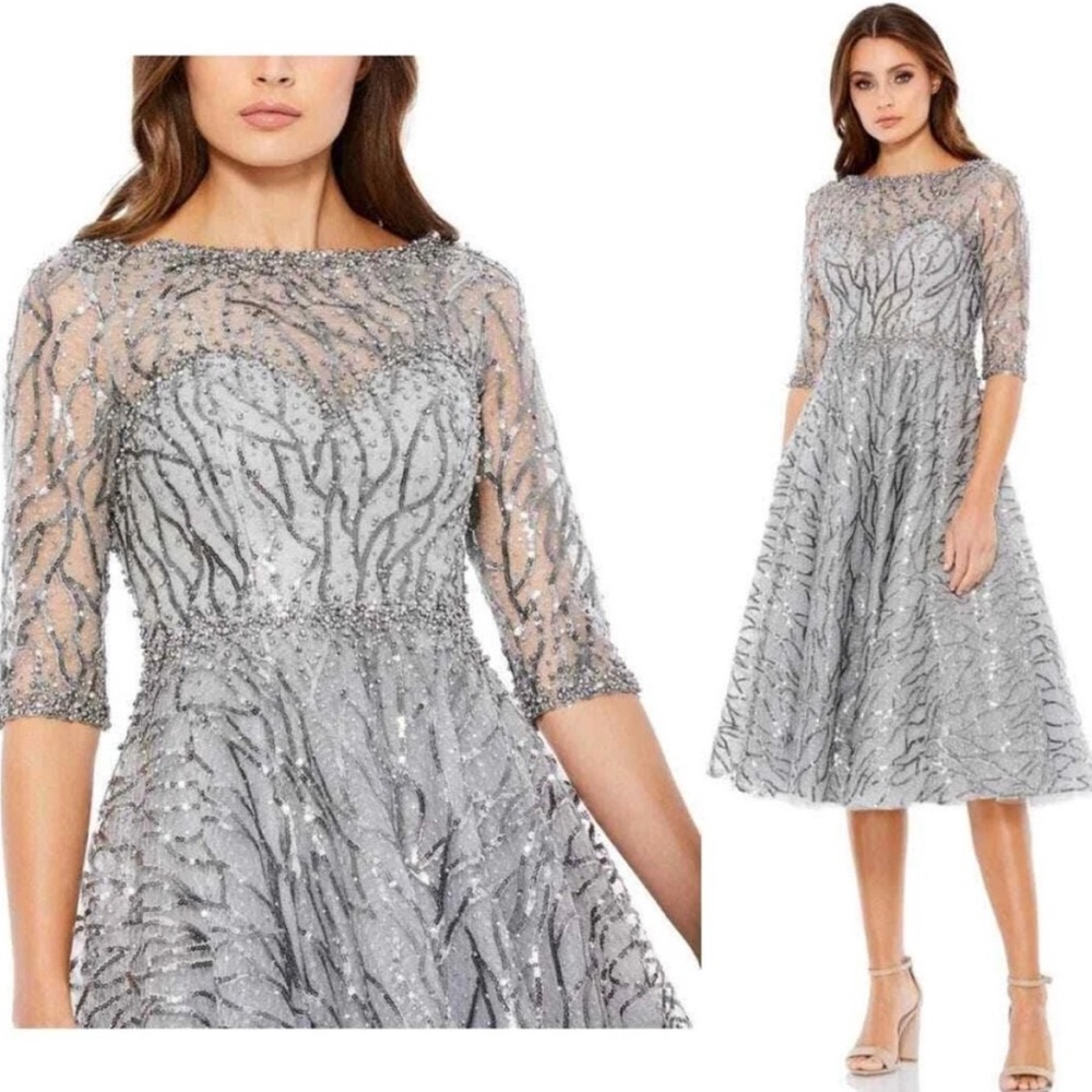 Mac Duggal Silver Sequin Midi Dress